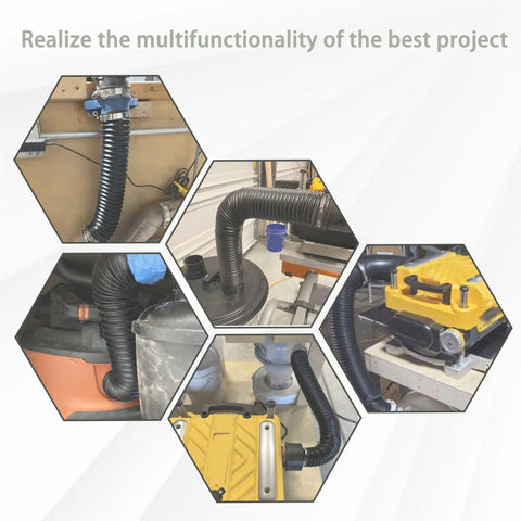 2-1/2 Inch Flexible Dust Collection Hose for table saws and drill presses showing multiple angles and attachments