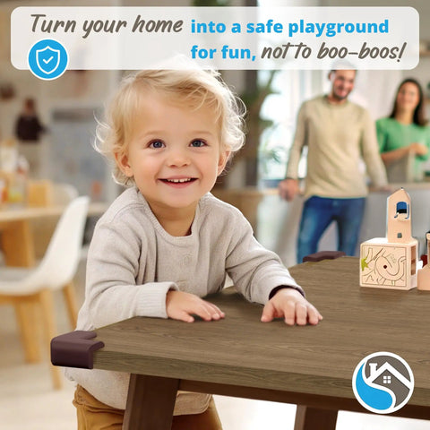 Child playing near table with Eight Pack Baby Proofing Corner Guards Kid Safe Soft Rubber Edge Protectors With 3M Adhesive, brown