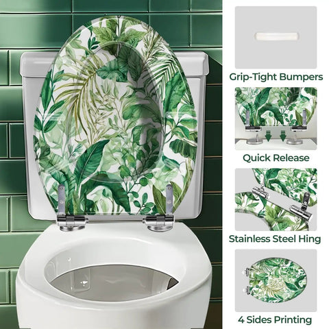 Elongated Resin Toilet Seat for Bathroom with green leaf design, quick release hinges, and grip-tight bumpers.