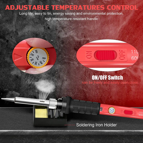 Close-up of Fast Heating 60W Soldering Kit With 110V Ceramic Heater Iron showing temperature dial and on/off switch.