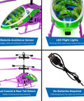 Buzz Lightyear Remote Control Helicopter With LED Lights For Kids Eight Plus showing obstacle sensor, LED lights, coaxial rotors, and USB charger