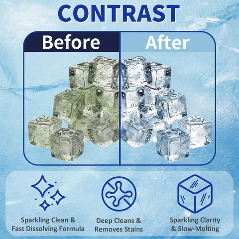 Comparison of ice cubes before and after using Ice Machine Cleaner And Descaler Tablets For All Major Brands Nickel Safe Descaler.