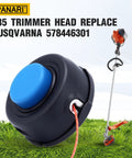 Tap And Go Trimmer Head Replacement For Husqvarna T35 showing a black trimmer head with orange line and blue cap.