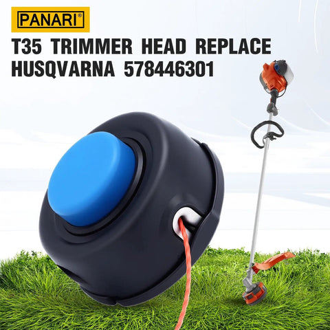 Tap And Go Trimmer Head Replacement For Husqvarna T35 showing a black trimmer head with orange line and blue cap.