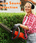 Woman using hedge trimmer with Two Pack Noise Reduction Ear Muffs NRR 28dB For Shooting And Construction, red plaid shirt