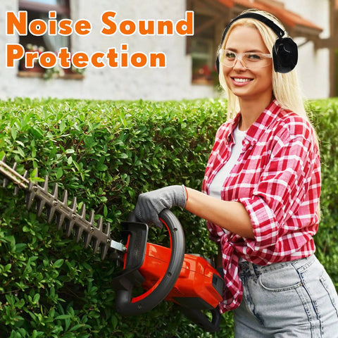Woman using hedge trimmer with Two Pack Noise Reduction Ear Muffs NRR 28dB For Shooting And Construction, red plaid shirt
