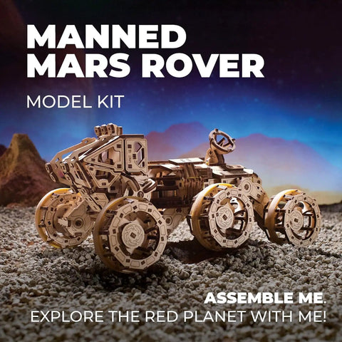 Epic Manned Mars Rover 3D Puzzle Kit With Spring Drive And 6x6 All Wheel Drive Independent Suspension Swiveling Cab Rubberized Wheels Folding Rear Ramp 360 Degree Antenna Laser Engraved Solar Panels 562 Piece DIY Space Craft Model on gravel