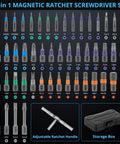Magnetic Ratchet Screwdriver Set With 50-In-1 Bits showing various interchangeable bits and detachable ratchet handle