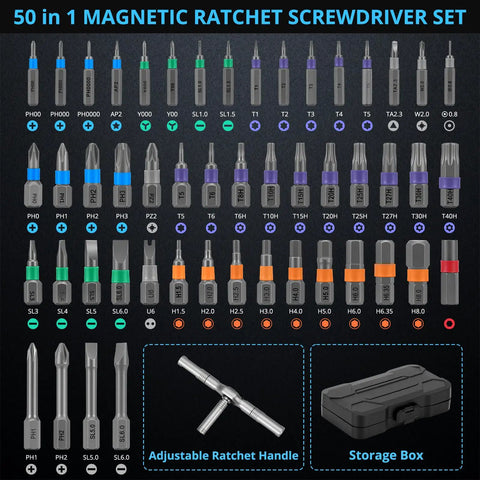 Magnetic Ratchet Screwdriver Set With 50-In-1 Bits showing various interchangeable bits and detachable ratchet handle
