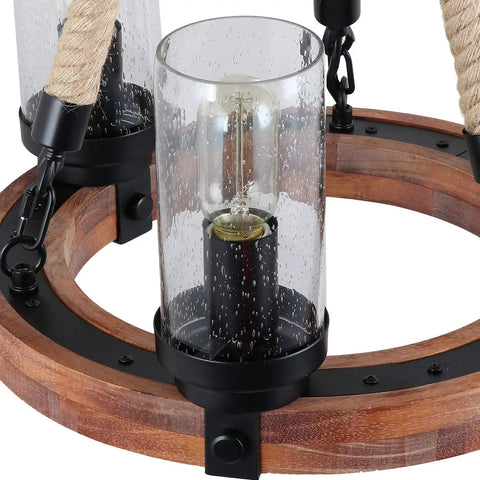Close-up of wooden ring hemp rope wagon wheel chandelier with glass shade detail and three lights, brown finish.
