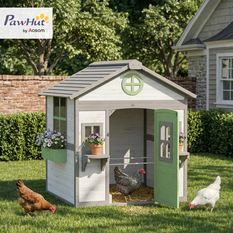 Wooden Chicken Coop For Backyard Hen House For 2 To 4 Chickens With Nesting Box, Planter Pots And Boxes, Windows, And Rabbit Hutch