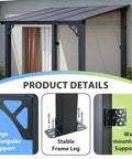 Premium Aluminum Top Gazebo With Wall Mount For Outdoor Living 8 By 5 Feet Pergola With Polycarbonate Panels Sloped Roof Lean To Shade Structure Built To Last For Backyard Porch Or Deck Wind Resistant Easy Setup, metal frame close-up, and wall-mounted structure.