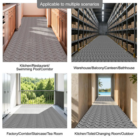 Heavy Duty Cuttable Non Slip Electrical Insulating Mat Waterproof Rubber Safety Flooring in various locations like kitchen and warehouse.