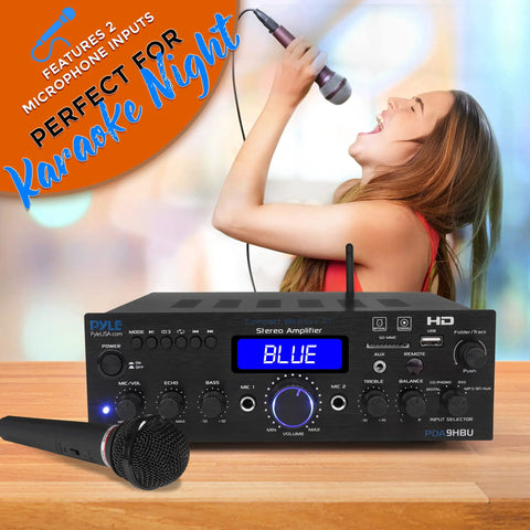 Wireless Bluetooth Home Stereo Amplifier With 200W Power Multi Channel Receiver System For Home Theater HDMI Optical Coaxial Phono USB SD AUX RCA Mic FM Radio Remote Karaoke Ready 10 Inputs shown with microphone and singer in background