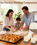 Family baking in kitchen with 932F Heat Resistant Oven And Grill Gloves For BBQ Grilling Baking And Welding With Cut Resistant Aramid Fiber Protection shown.