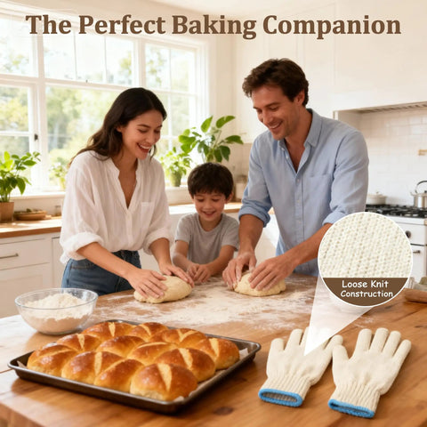 Family baking in kitchen with 932F Heat Resistant Oven And Grill Gloves For BBQ Grilling Baking And Welding With Cut Resistant Aramid Fiber Protection shown.