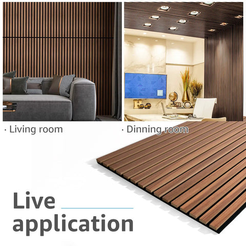 Premium Fluted Acoustic Wood Slat Wall Panels 2 Pack In Clean Walnut Tone for living and dining room applications.