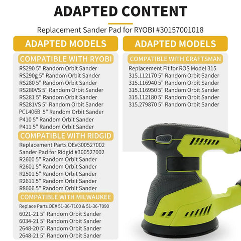 Replacement Sander Pad for RYOBI compatible models with detailed specifications and tool features.