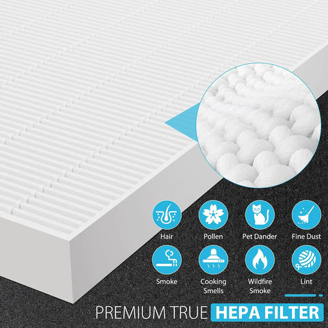 True HEPA Replacement Filter H13 Pack for Coway AP 1512HH Airmega 200M Purifiers showing filter texture and pollutants filtered