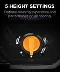 Eureka PowerSpeed upright vacuum height dial close-up showing five settings for high/low carpet and bare floor