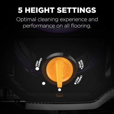 Eureka PowerSpeed upright vacuum height dial close-up showing five settings for high/low carpet and bare floor