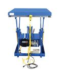 Rides Smooth As Silk Heavy Duty Electric Hydraulic Lift Table With Forty By Forty Eight Inch Steel Platform Four Thousand Pound Capacity Effortless Height Adjustment For Shop Rigs front view with control pendant and motor.