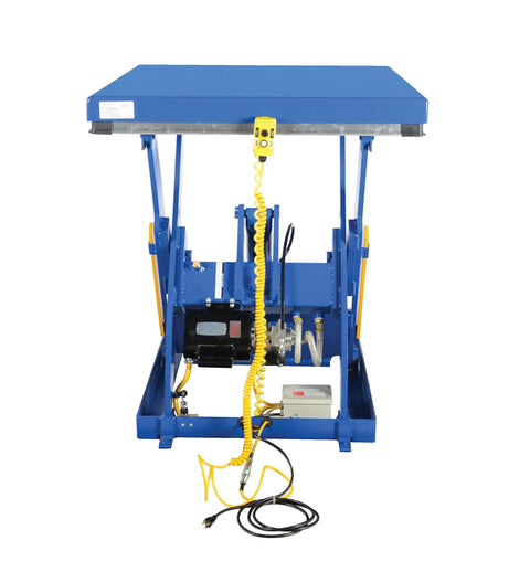 Rides Smooth As Silk Heavy Duty Electric Hydraulic Lift Table With Forty By Forty Eight Inch Steel Platform Four Thousand Pound Capacity Effortless Height Adjustment For Shop Rigs front view with control pendant and motor.