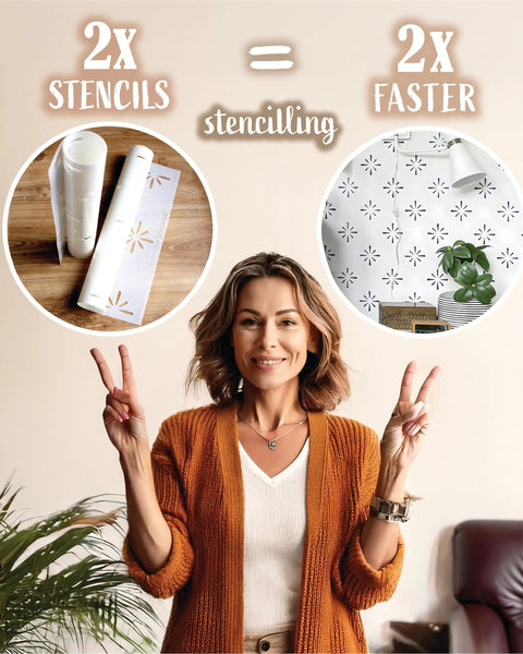 Woman with peace sign promoting Starburst Geometric Wall Stencil Kit 2 Pack Of 16.5 X 31.5 Inch Stencils For Large Pattern Scandinavian Style DIY