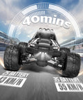 1/16 Scale Brushless RC Monster Truck 4WD All Road High Speed Car hits 34 MPH shown on race track with motion blur