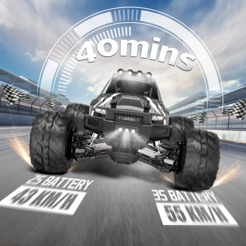 1/16 Scale Brushless RC Monster Truck 4WD All Road High Speed Car hits 34 MPH shown on race track with motion blur