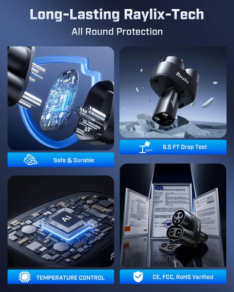 Long-lasting Raylix-Tech adapter showcasing durable design, drop test certification, and safety features for optimal protection.