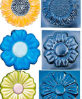 Colorful flower stepping stones created with a Flower Stepping Stone Mold For Garden Path, Concrete Tile Mold, Floral Style 12.6 Inch Diameter.