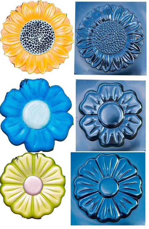 Colorful flower stepping stones created with a Flower Stepping Stone Mold For Garden Path, Concrete Tile Mold, Floral Style 12.6 Inch Diameter.