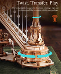 3D Wooden Harp Music Box Kit For Adults, close-up of rotating bridges and mechanical details on a green table.