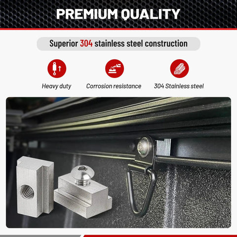 Toyota Tundra Tacoma Bed Rail Cleat T Slot Nut With Three Eighths Inch Thread Stainless Steel Tie Down Kit in use on truck bed.