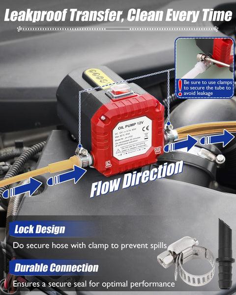 12V 80W Oil Extractor Pump for spill-free engine oil changes and fluid transfer, shown with lock design and hose connections