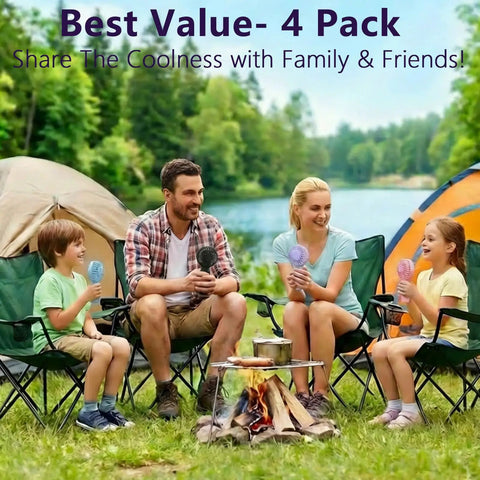 Family camping with Four Pack USB Rechargeable Mini Handheld Fans Set With 3 Speeds, showing black, blue, and pink fans