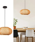 Basket Weave Bamboo Pendant Light With Natural Rattan Shade, 15 Inch Single Bulb Chandelier For Kitchen Island Or Nursery