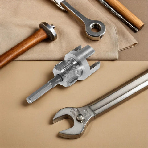 Lapyappe Heavy Duty Pipe Threader Compatible With Drill For Cutting Threads On Pvc And Plumbing Pipes Carbon Steel Build High Accuracy Multi Functional Tool Great For Home Renovation And Pro Job Sites Easy Use Reduces Effort with silver finish and drill bit attachment.