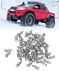 Tungsten Steel Threaded Tire Studs, 50 Pack Street Proven Snow Spikes For Auto Truck Forklift on snowy terrain with red truck.