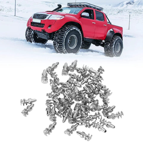 Tungsten Steel Threaded Tire Studs, 50 Pack Street Proven Snow Spikes For Auto Truck Forklift on snowy terrain with red truck.