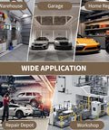 Wide application image showcasing various settings like garage, warehouse, and workshop for the 12 Ton Heavy Duty H Frame Hydraulic Shop Press.