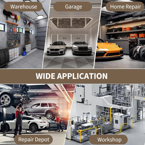 Wide application image showcasing various settings like garage, warehouse, and workshop for the 12 Ton Heavy Duty H Frame Hydraulic Shop Press.