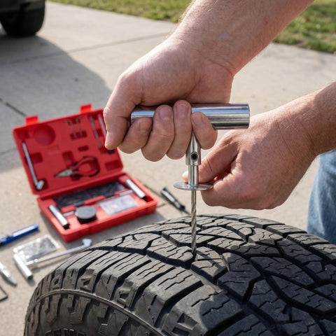 Using a T-handle tool from 68 Piece Heavy Duty Tire Repair Kit For Cars Motorcycles Trucks ATVs SUVs RVs Trailers With Patches And Plug Tool Set Universal Flat Tire Patch Kit For Quick On The Go Tire Fixes on tire