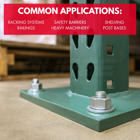 Close-up of metal post base using Heavy-Duty Three Quarter Inch Wedge Anchors For Concrete And Cement, Zinc-Plated for rust protection.