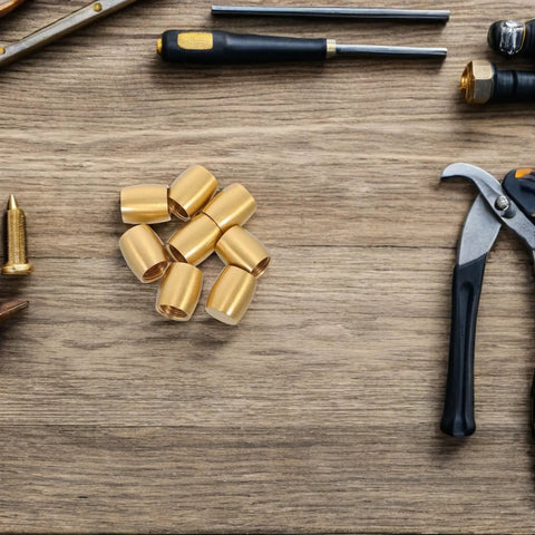 8 Pcs Brass Furniture Feet For Wooden Trays And Riser Stands Cone Shaped Leveling Legs on wooden surface with tools