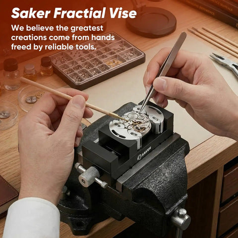 Saker Fractal Vise with precision dual jaws, perfect for holding clock parts and electronics during repairs and assembly.