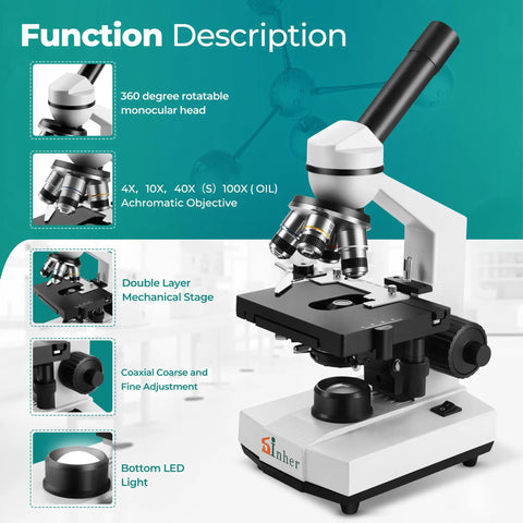 Monocular Compound Microscope 40X-1600X For Adults And Students Kids 8-12 With Slides Educational Microscope Kit overview