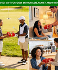 Collage of people gifting Six Pack Retractable Golf Swing Trainer Set With Click Feedback, shown in various indoor and outdoor settings.