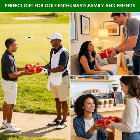 Collage of people gifting Six Pack Retractable Golf Swing Trainer Set With Click Feedback, shown in various indoor and outdoor settings.